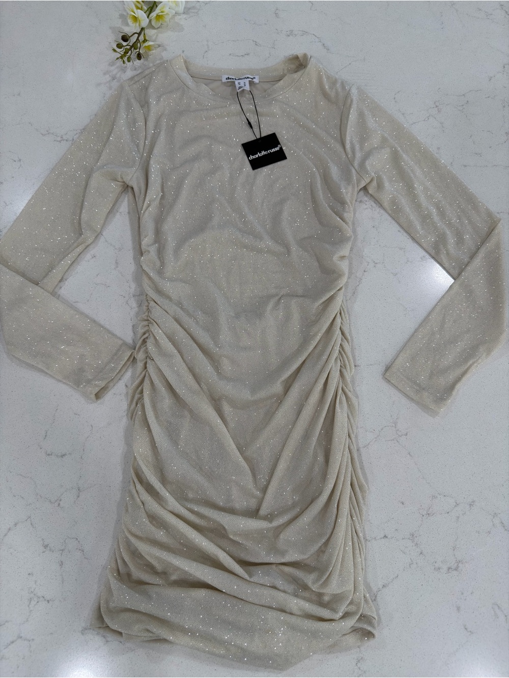 Charlotte Russe Champagne Glitter Ruched Long Sleeve Dress